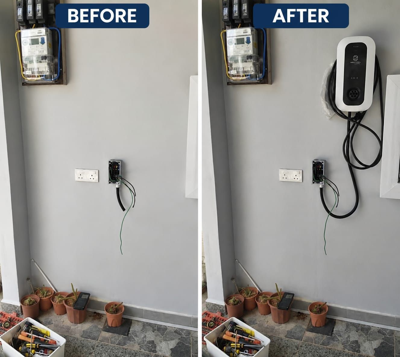 Perbandingan kondisi panel listrik sebelum dan sesudah instalasi wall charger