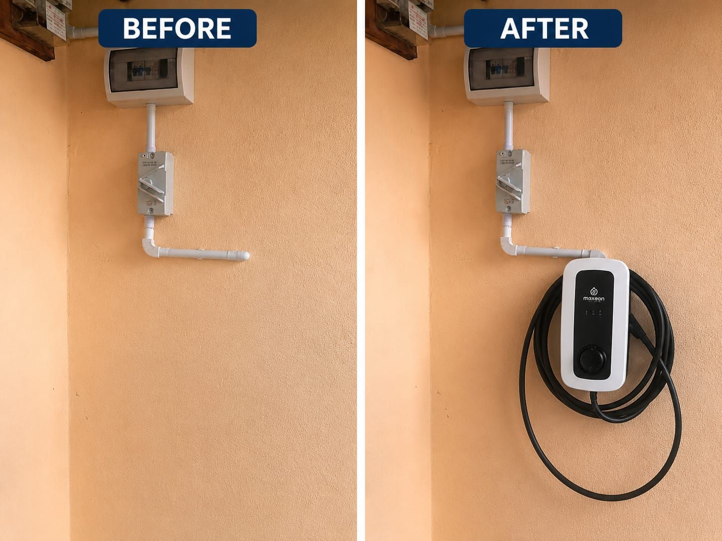 Area garasi sebelum dan sesudah pemasangan wall charger EV