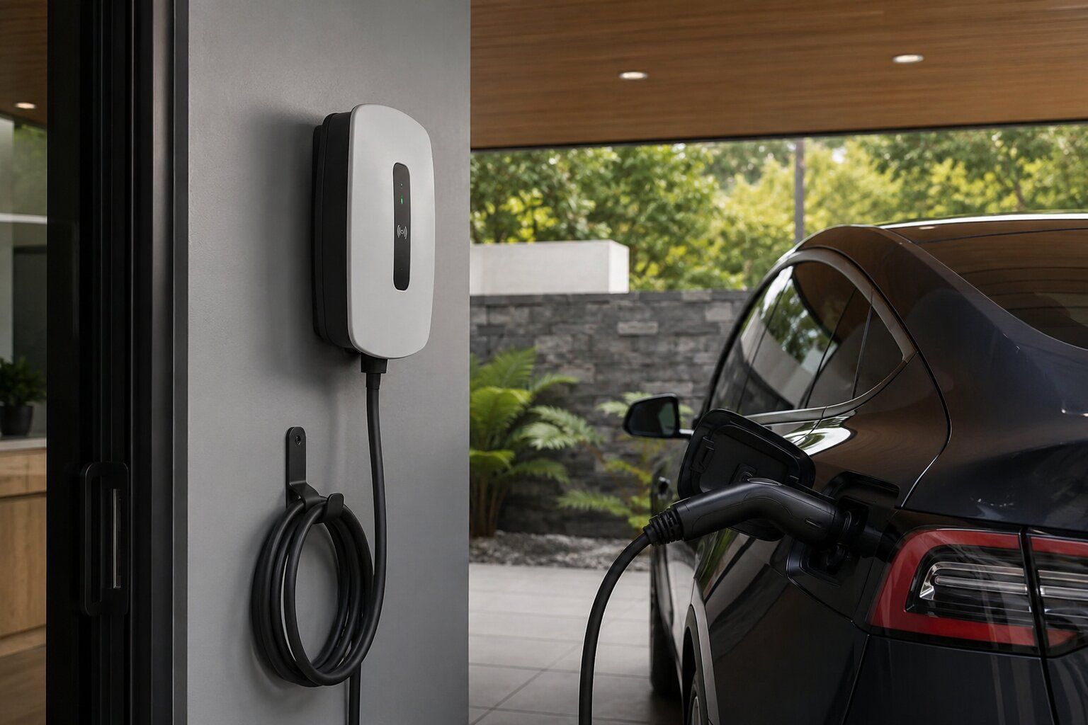 Teknisi profesional sedang menginstalasi wall charger EV di garasi rumah modern