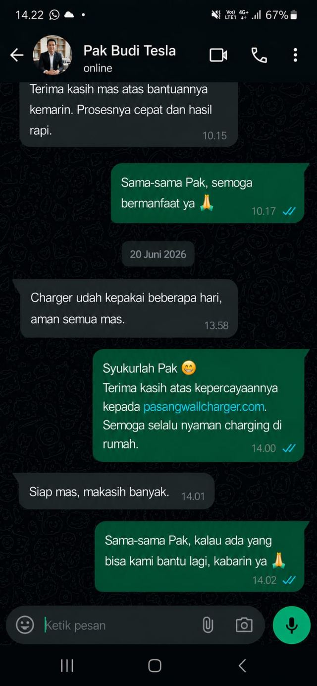 Screenshot percakapan WhatsApp dengan Budi, Pemilik Tesla di Jakarta Selatan