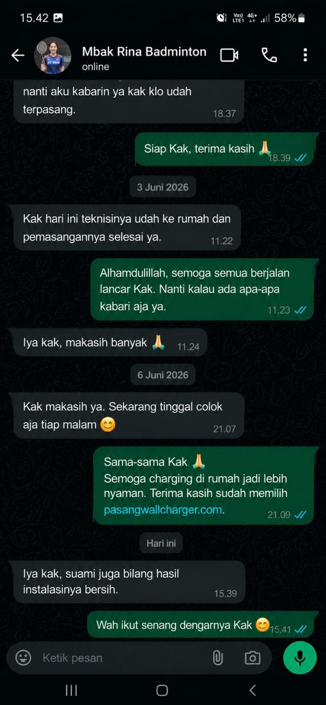 Screenshot percakapan WhatsApp dengan Rina, Pemilik EV di Bekasi